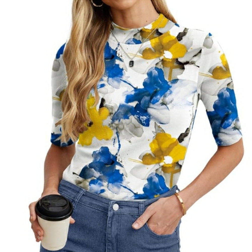 Women Short Sleeve Business Dressy Casual Pullover Top Floral